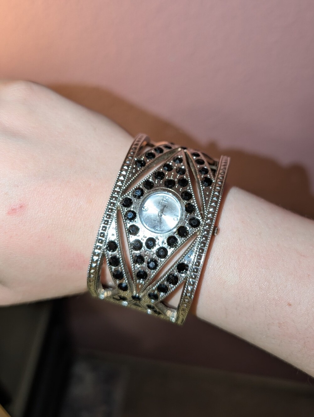 VTG Silver Black Crystal Cuff Watch